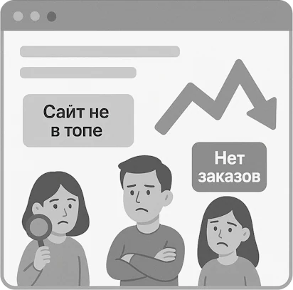 Иллюстрация проблем бизнеса без SEO: сайт не в топе, падение трафика и отсутствие заказов