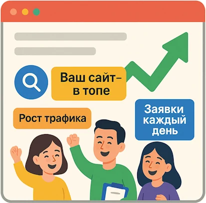 Иллюстрация преимуществ SEO-продвижения: рост трафика, сайт в топе и заявки каждый день